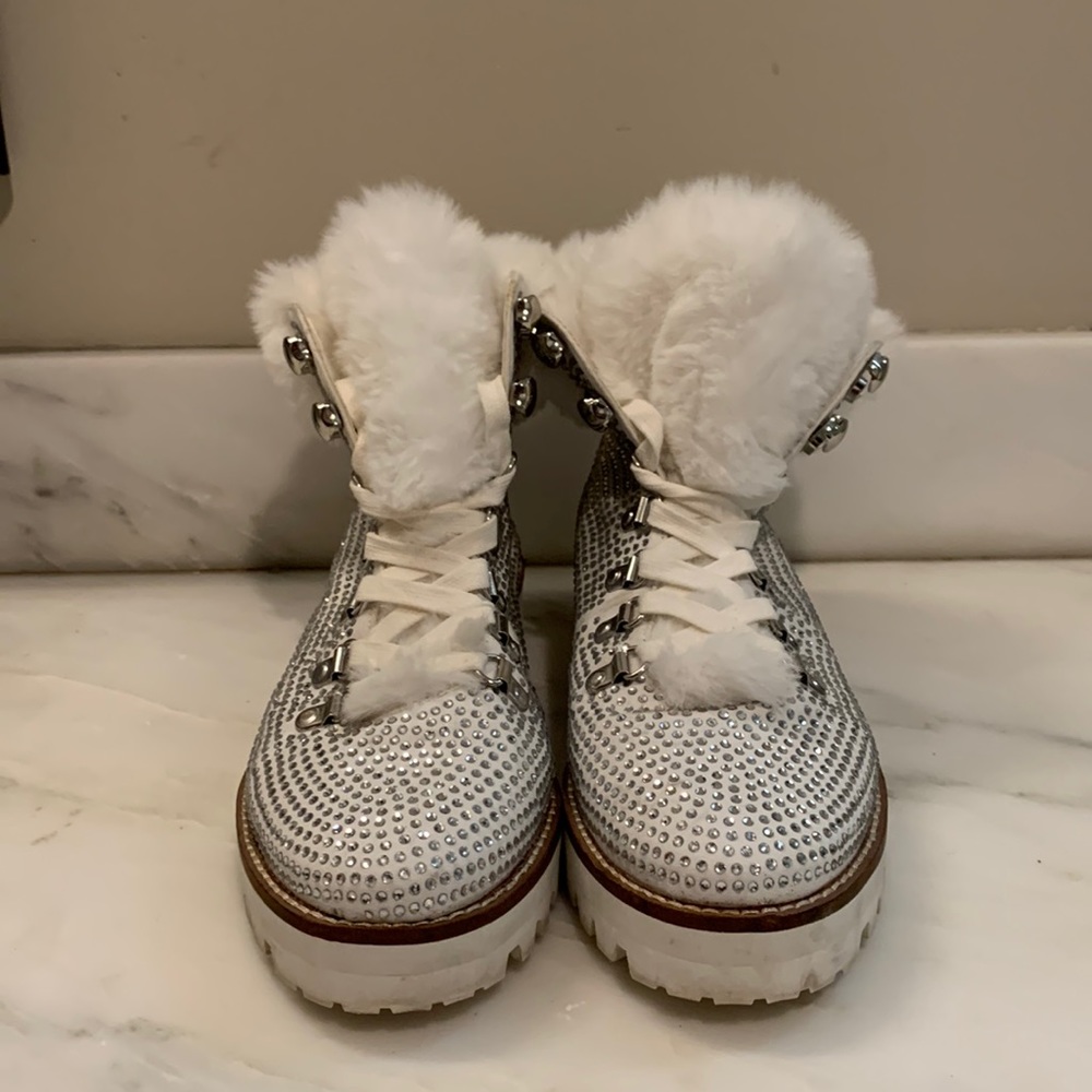 Jessica Simpson Faux Fur Lined Lace Up bedazzled Combat Boots